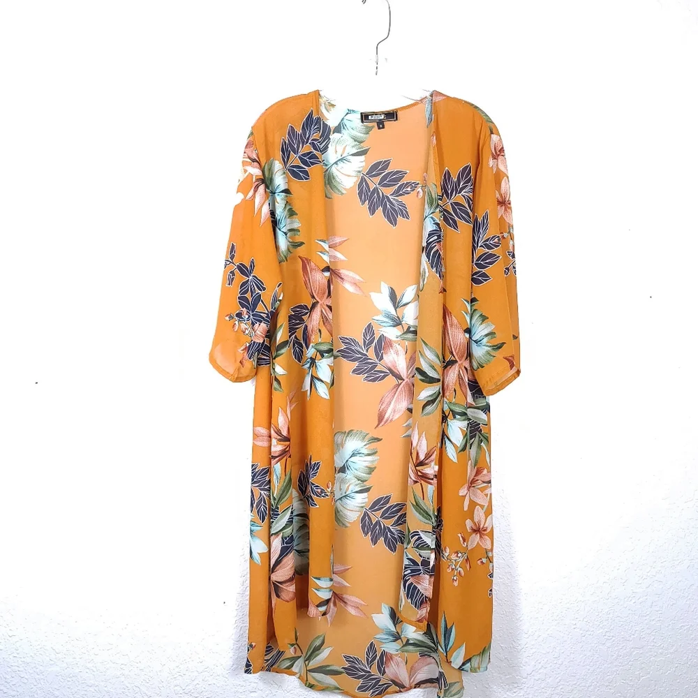 L&B Sheer Floral Kimono Cardigan – Orange Green Boho Resort Style – Small - Picture 3 of 9
